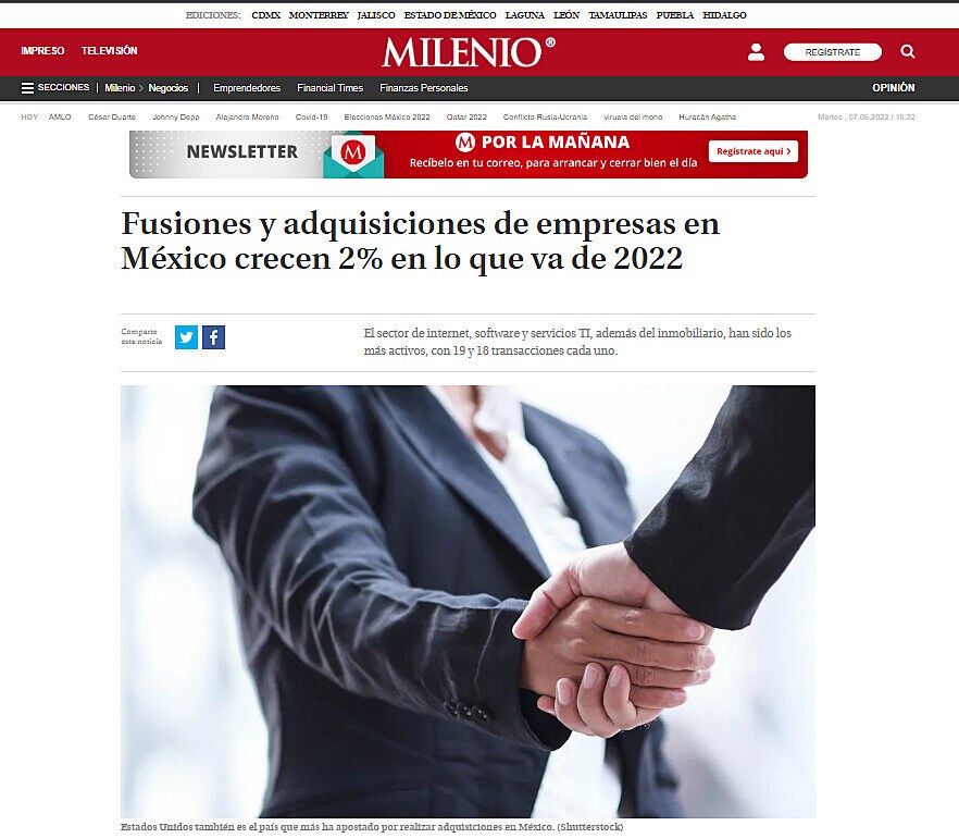 Fusiones y adquisiciones de empresas en Mxico crecen 2% en lo que va de 2022